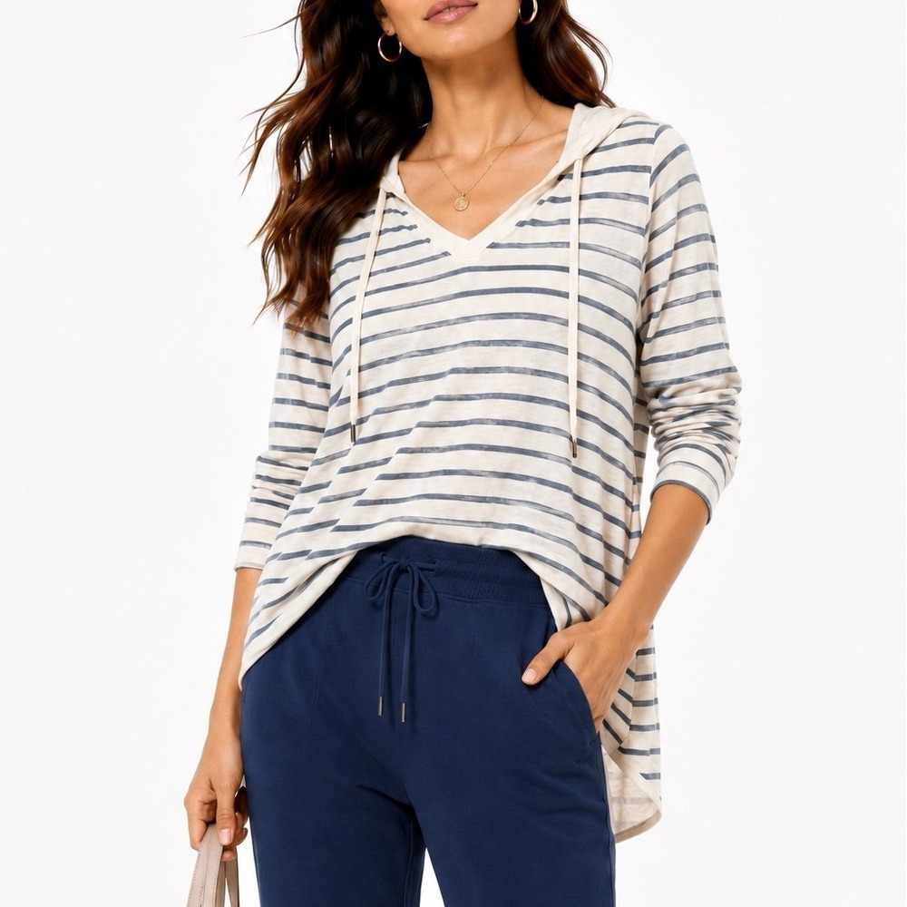 White House Black Market Striped Hoodie Metallic Blue White V-Neck‎ Top Large